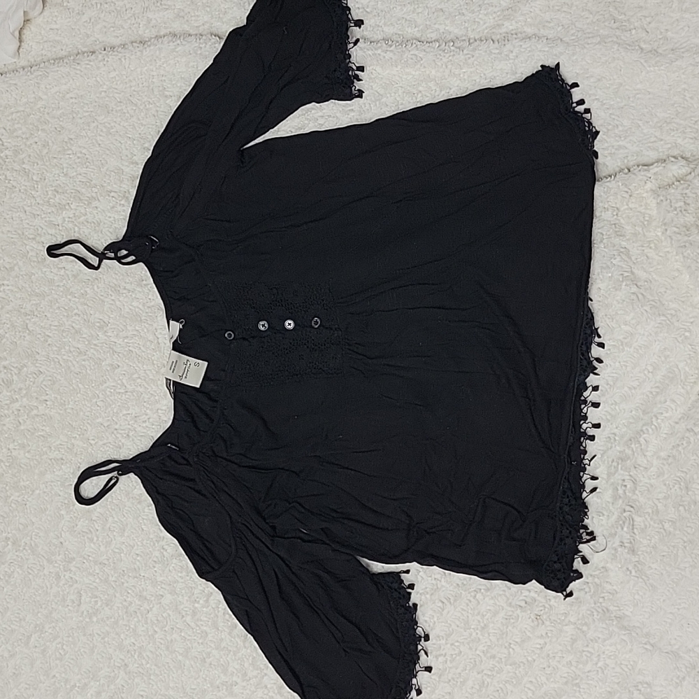 American Rag Small Black Cold Shoulder blouse with Crochet Appliques